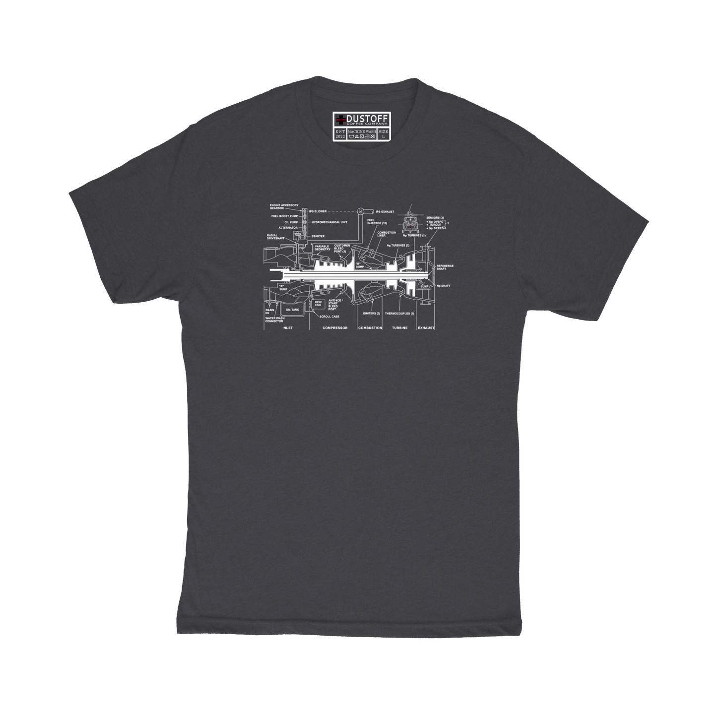 Engine Cross Section T-Shirt (UH-60 Blackhawk - Schematic Series) - DUSTOFF Coffee Company