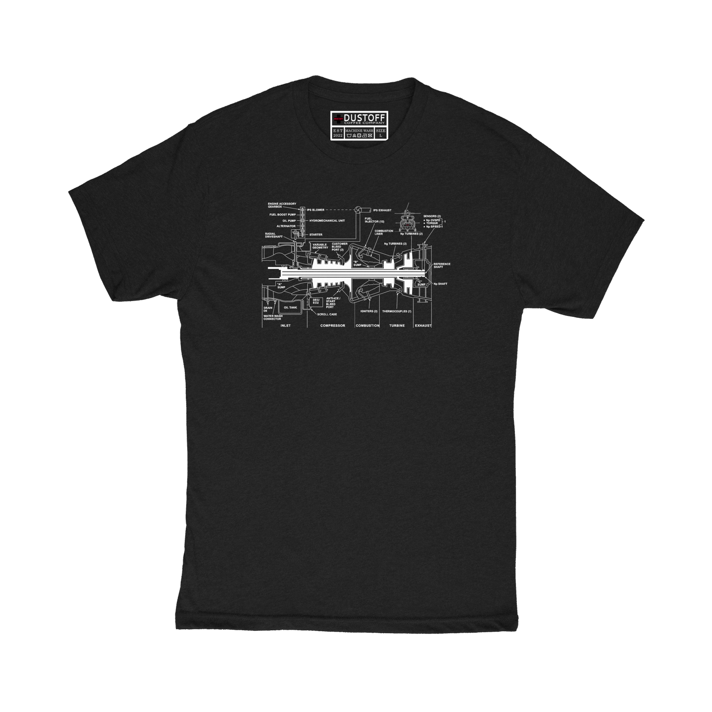 Engine Cross Section T-Shirt (UH-60 Blackhawk - Schematic Series) - DUSTOFF Coffee Company