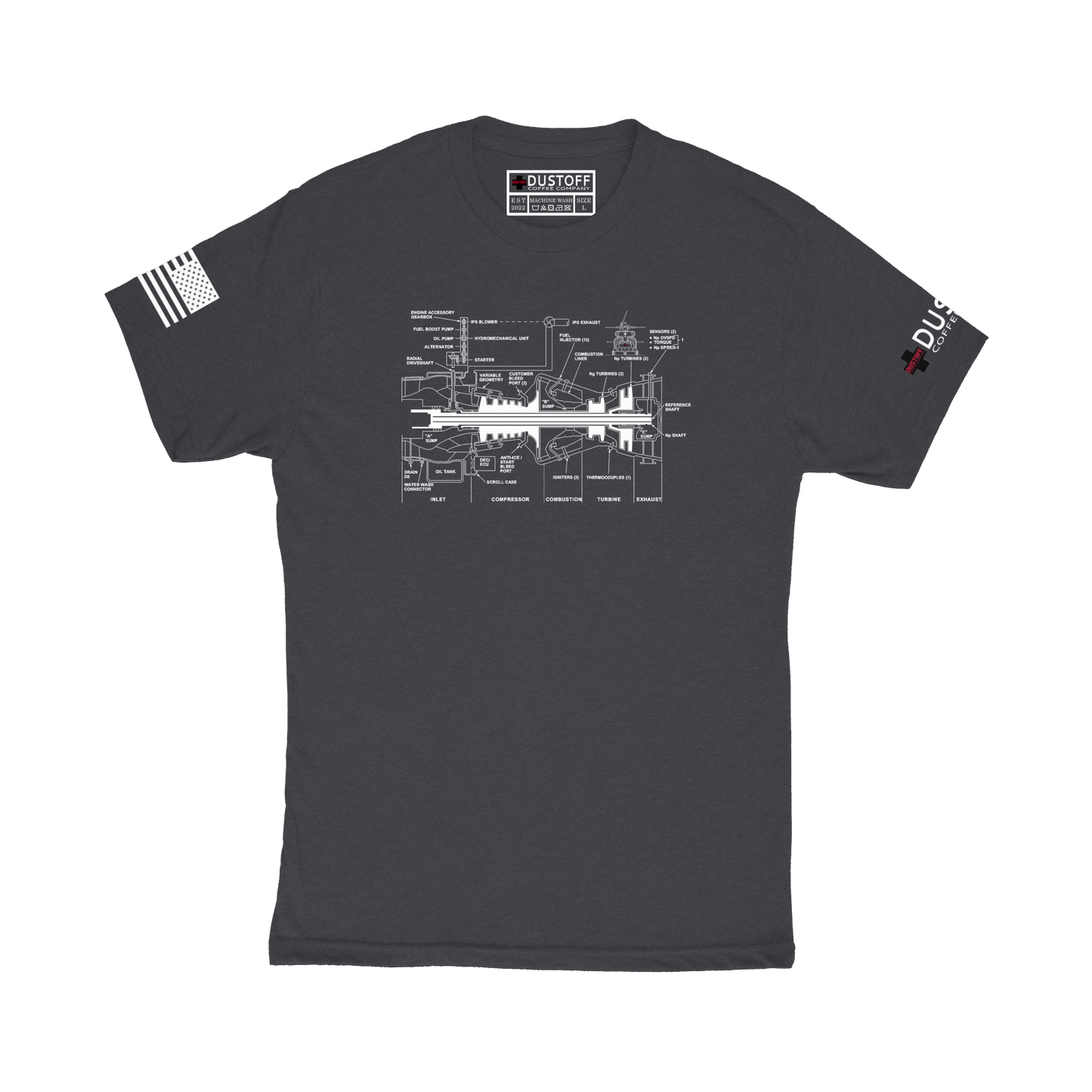Engine Cross Section T-Shirt (UH-60 Blackhawk - Schematic Series) - DUSTOFF Coffee Company