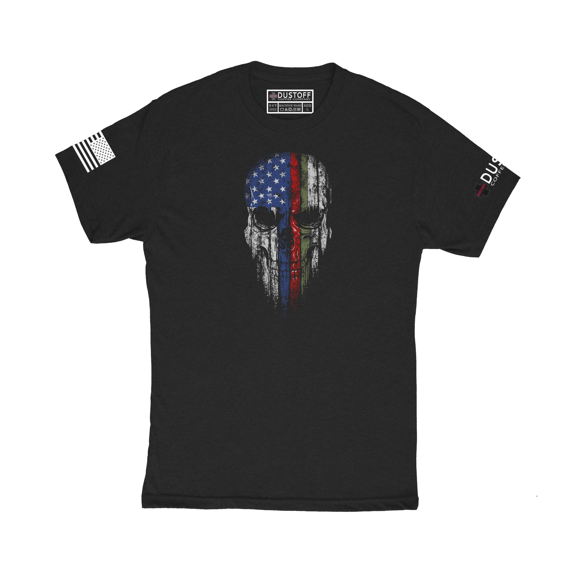 SKULL FLAG WITH RED, BLUE, AND GREEN STRIPES T-SHIRT