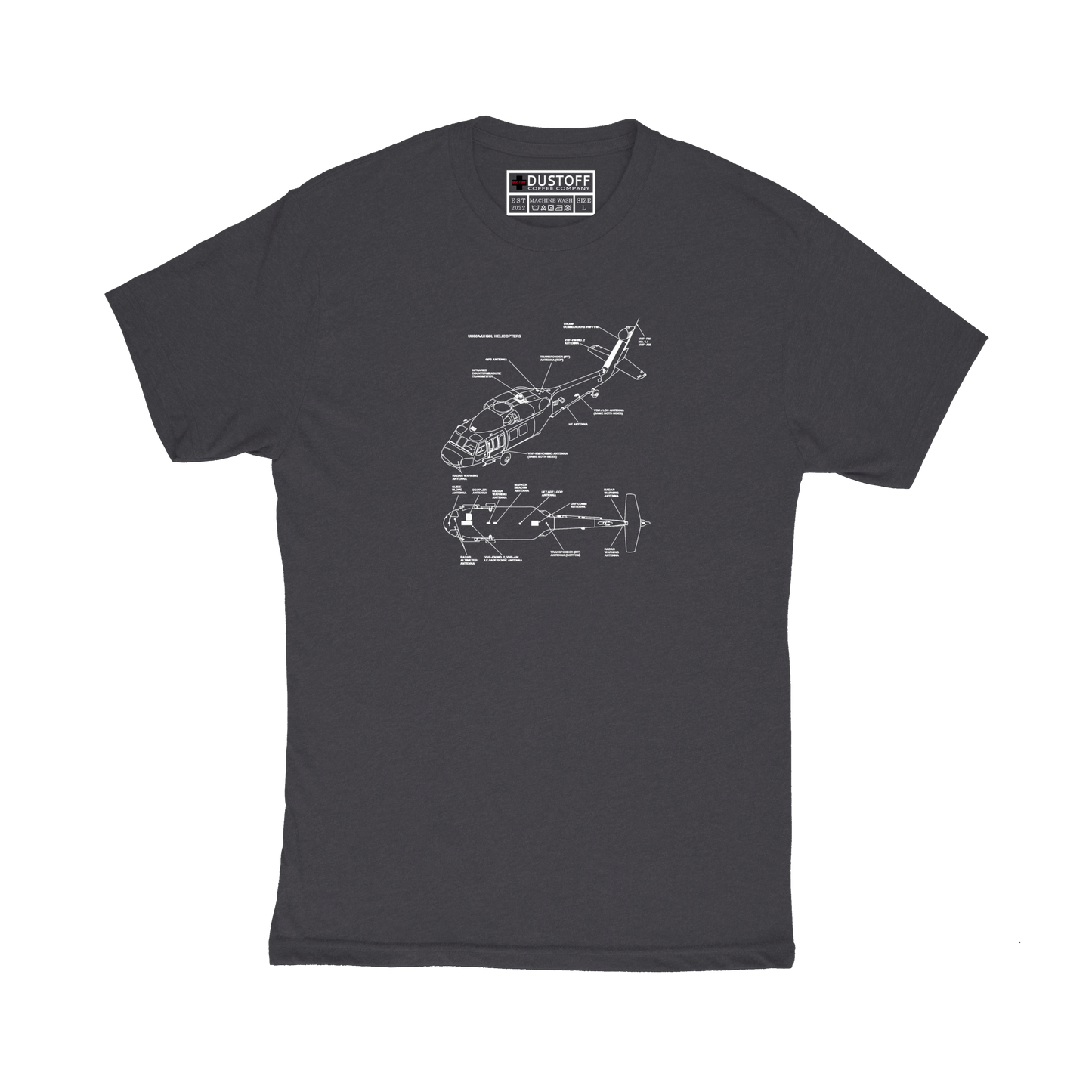 Antenna Locations T-Shirt (UH-60 Blackhawk - Schematic Series) - DUSTOFF Coffee Company
