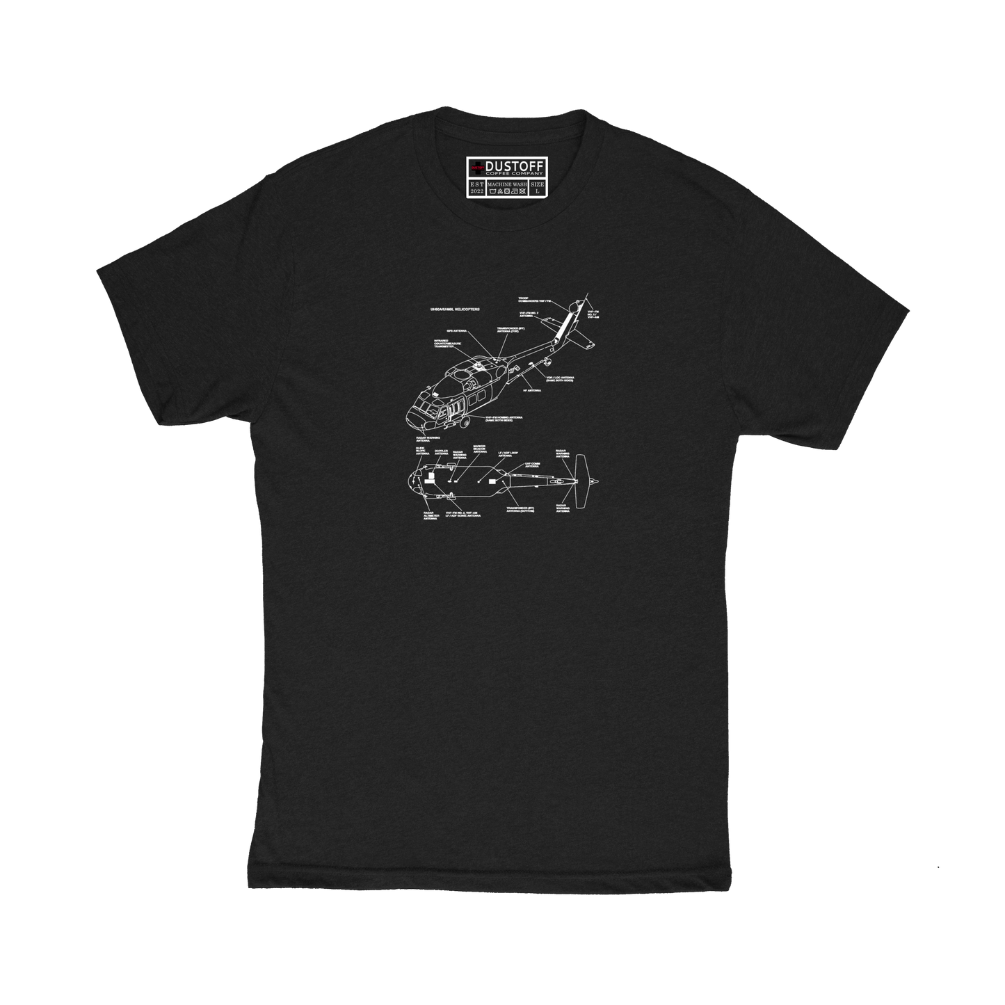 Antenna Locations T-Shirt (UH-60 Blackhawk - Schematic Series) - DUSTOFF Coffee Company