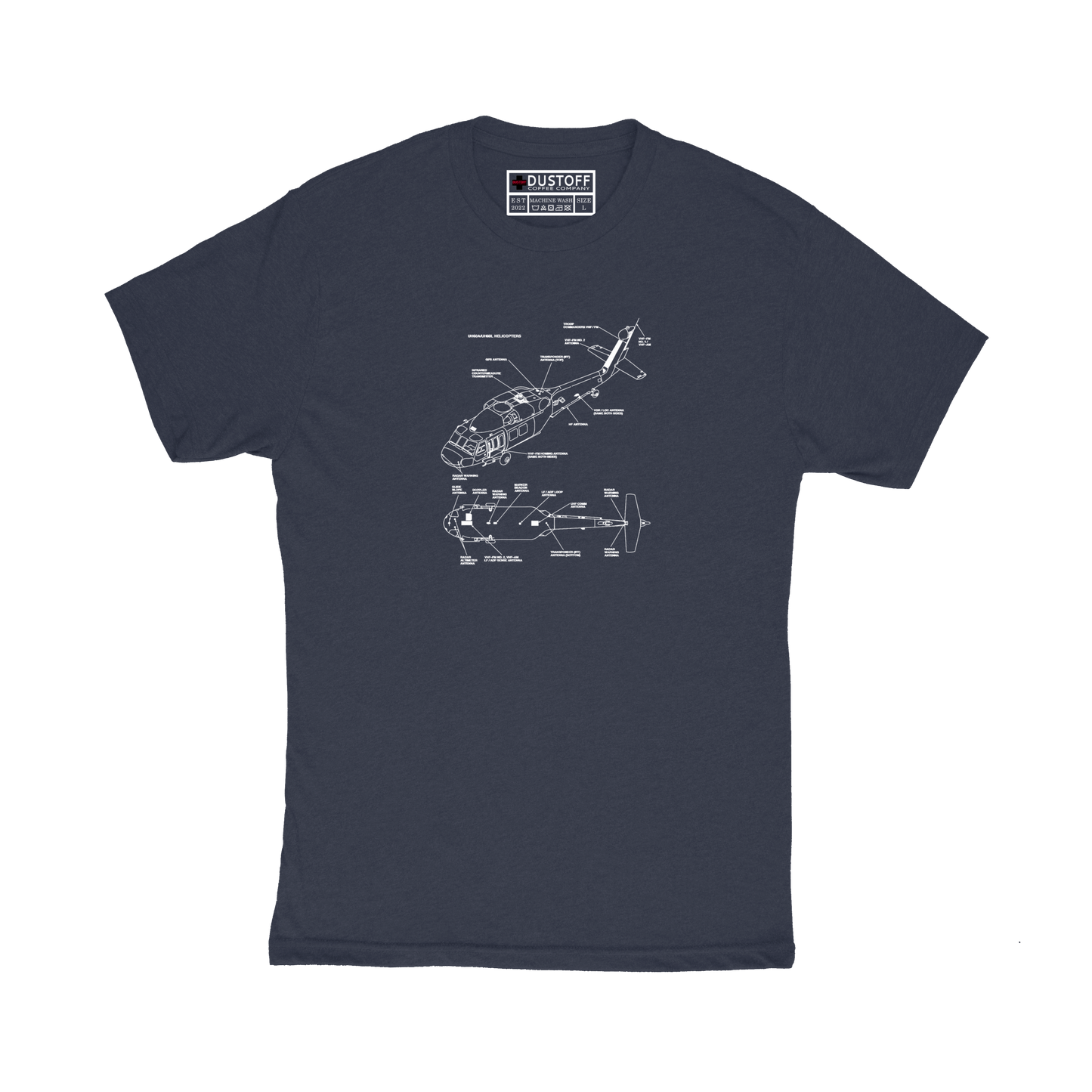 Antenna Locations T-Shirt (UH-60 Blackhawk - Schematic Series) - DUSTOFF Coffee Company