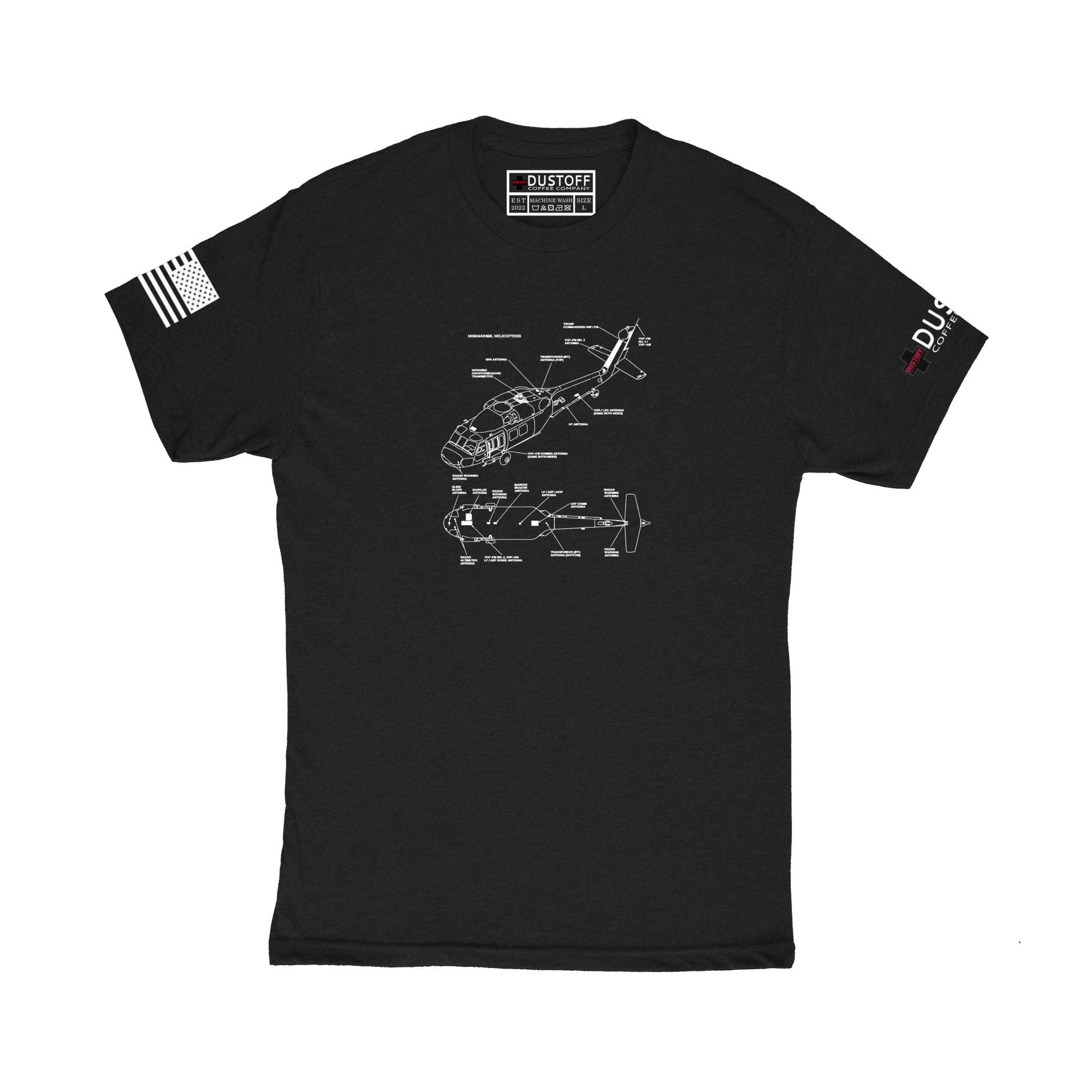 Antenna Locations T-Shirt (UH-60 Blackhawk - Schematic Series) - DUSTOFF Coffee Company