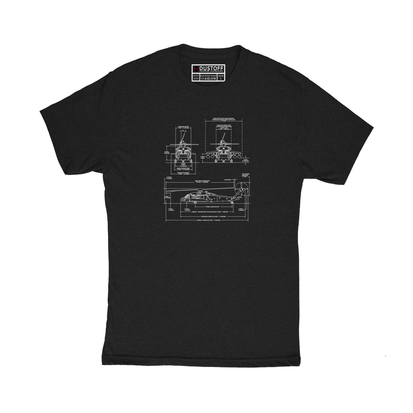 Dimensions Schematic T-Shirt (UH-60 Blackhawk - Schematic Series) - DUSTOFF Coffee Company