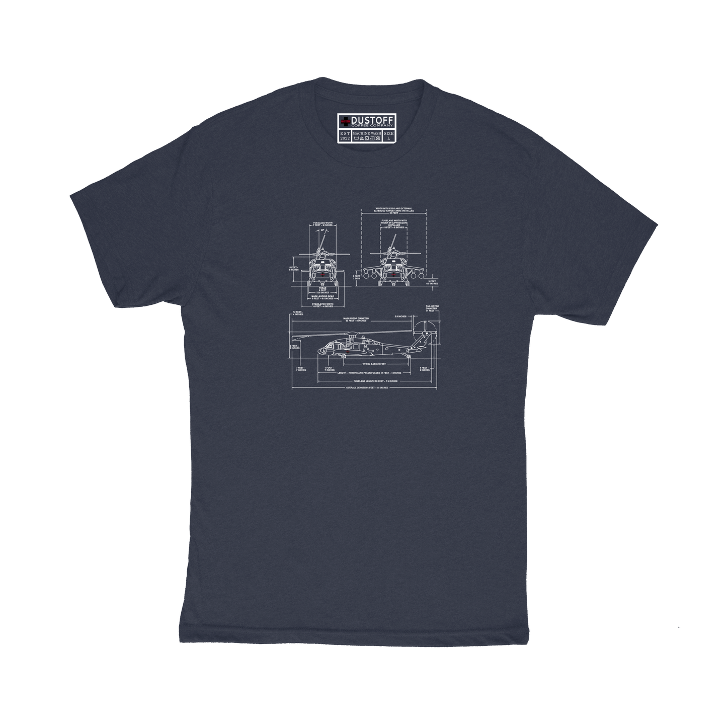 Dimensions Schematic T-Shirt (UH-60 Blackhawk - Schematic Series) - DUSTOFF Coffee Company