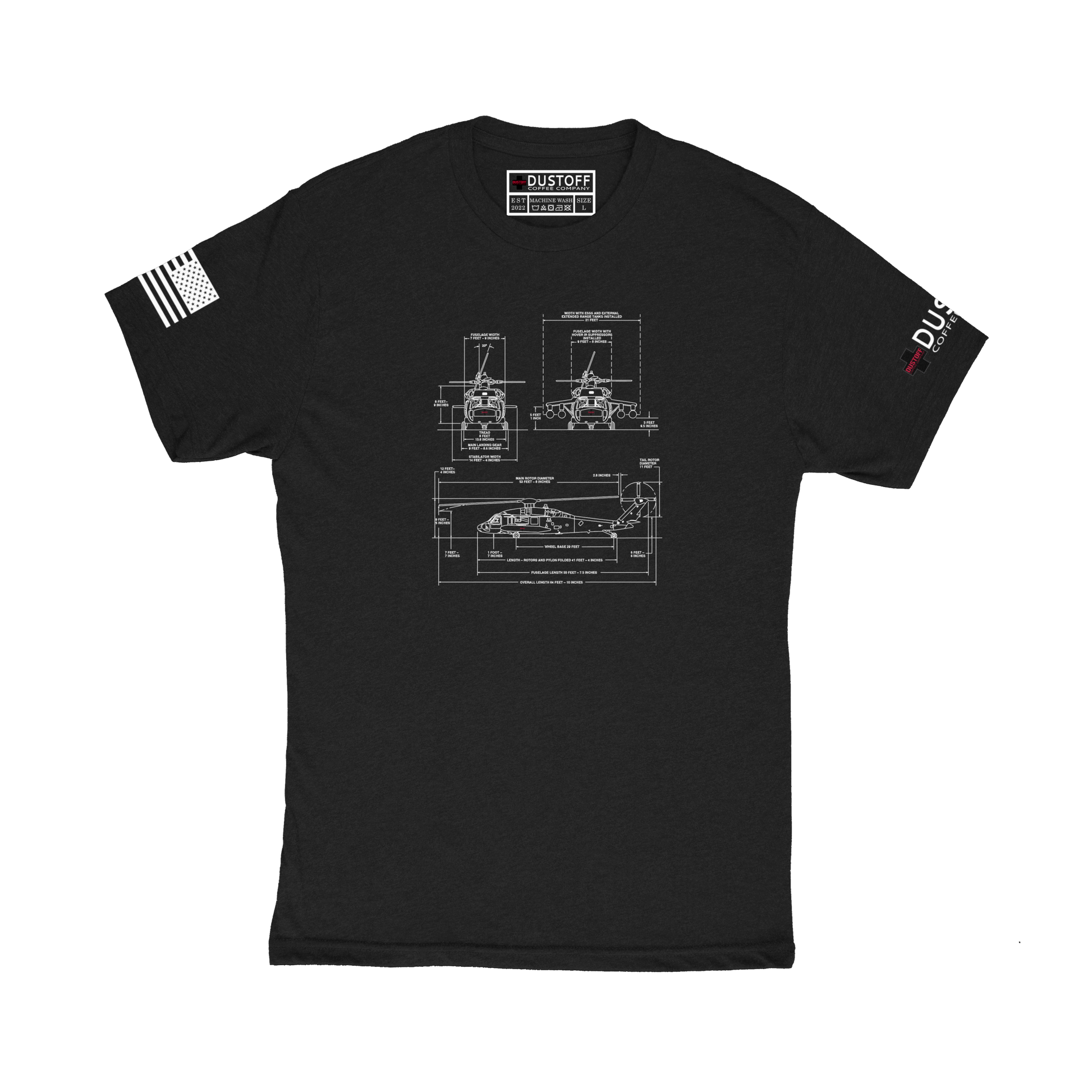 Dimensions Schematic T-Shirt (UH-60 Blackhawk - Schematic Series) - DUSTOFF Coffee Company