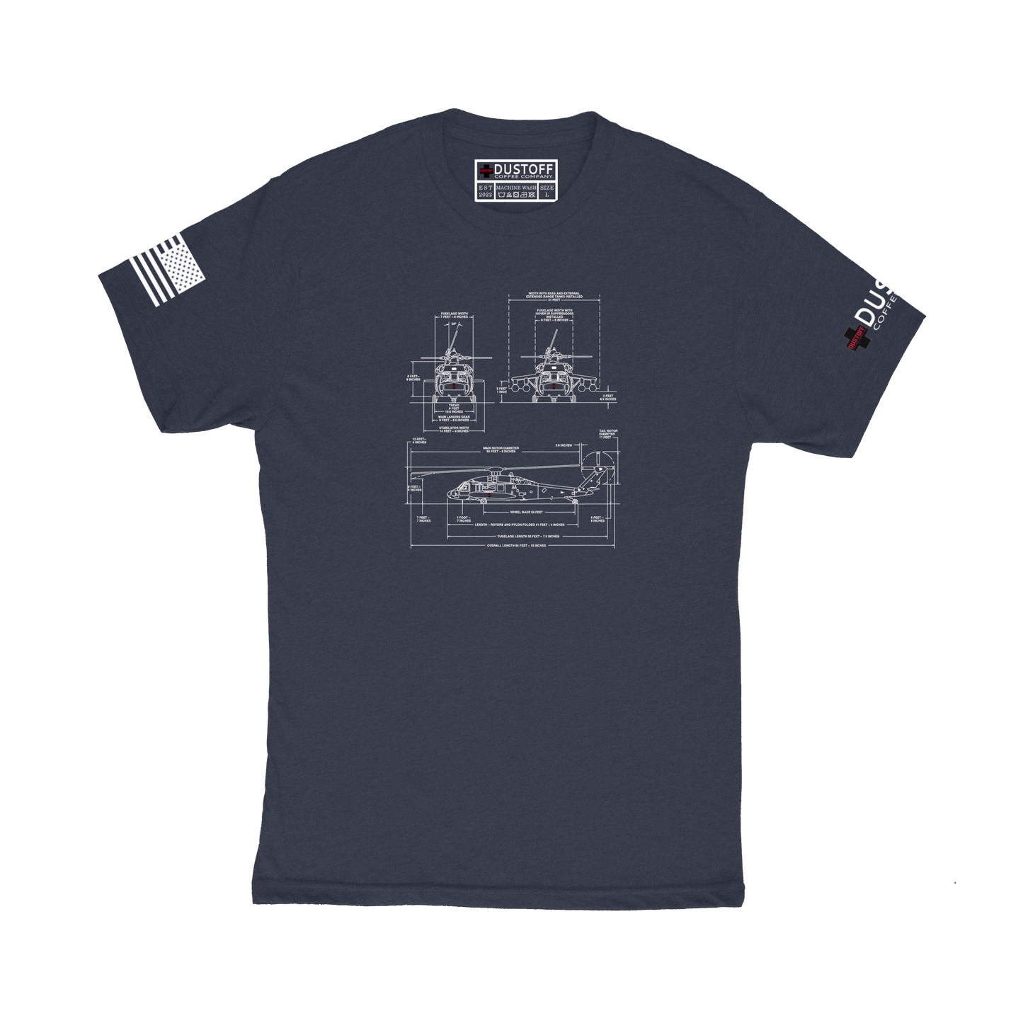 Dimensions Schematic T-Shirt (UH-60 Blackhawk - Schematic Series) - DUSTOFF Coffee Company